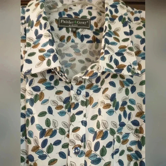 Men's Paisley & Gray Button Down Shirt with Leaves Size 19 XXL Slim Fit - Picture 6 of 8